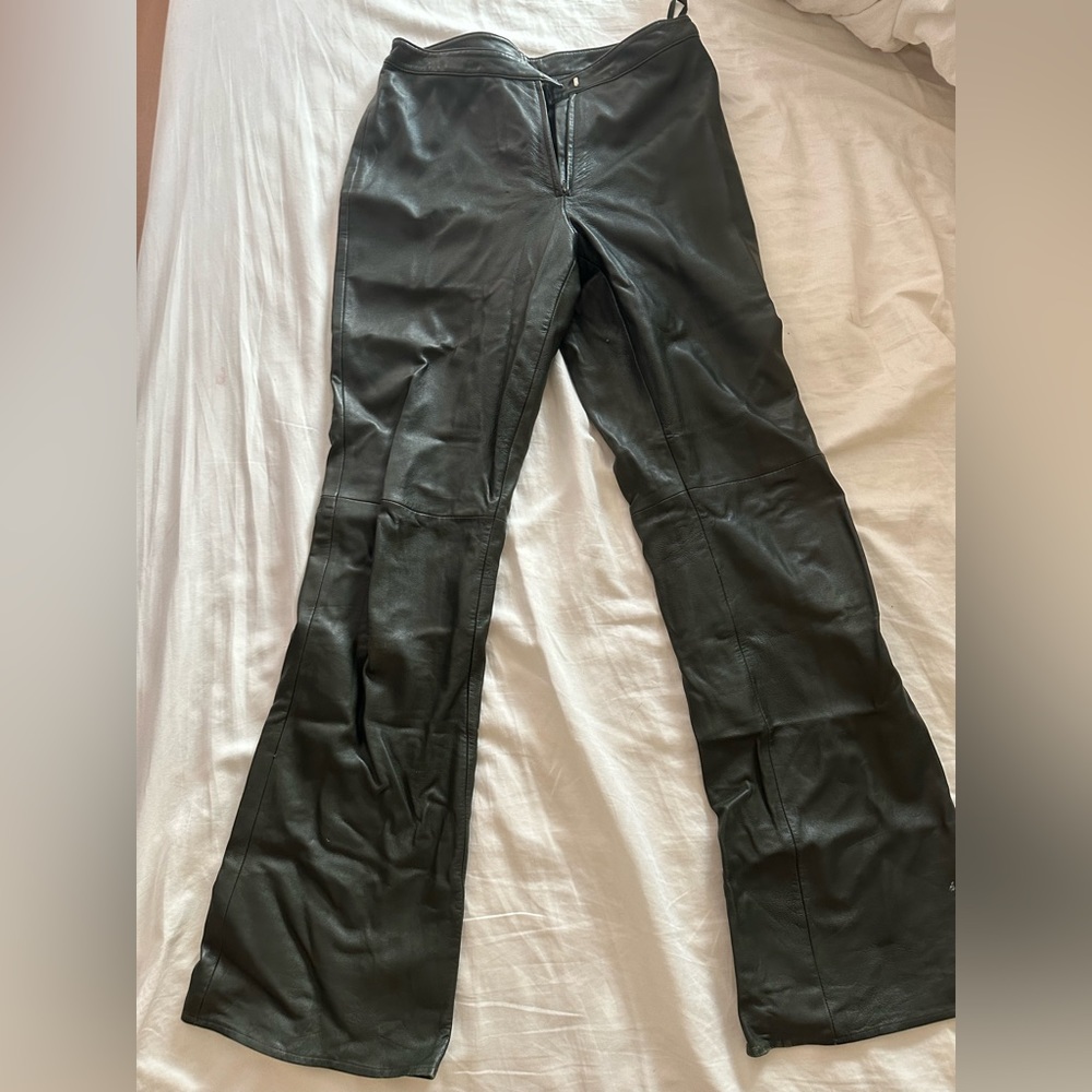 Olive Green Leather Flare Pants